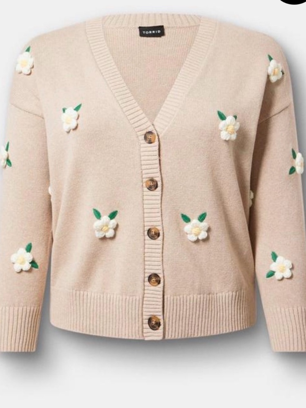 Torrid Cream Floral Appliqué Button-Front V-Neck Cardigan